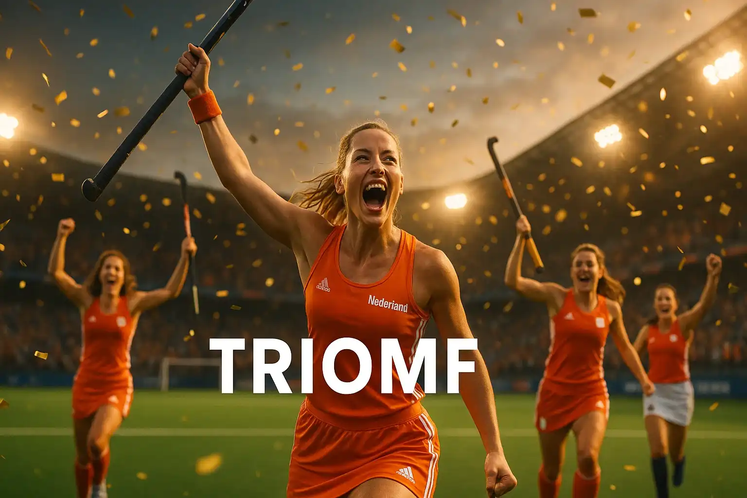 Nederlandse dames hockeyteam viert overwinning op het veld met geheven sticks en oranje tenues