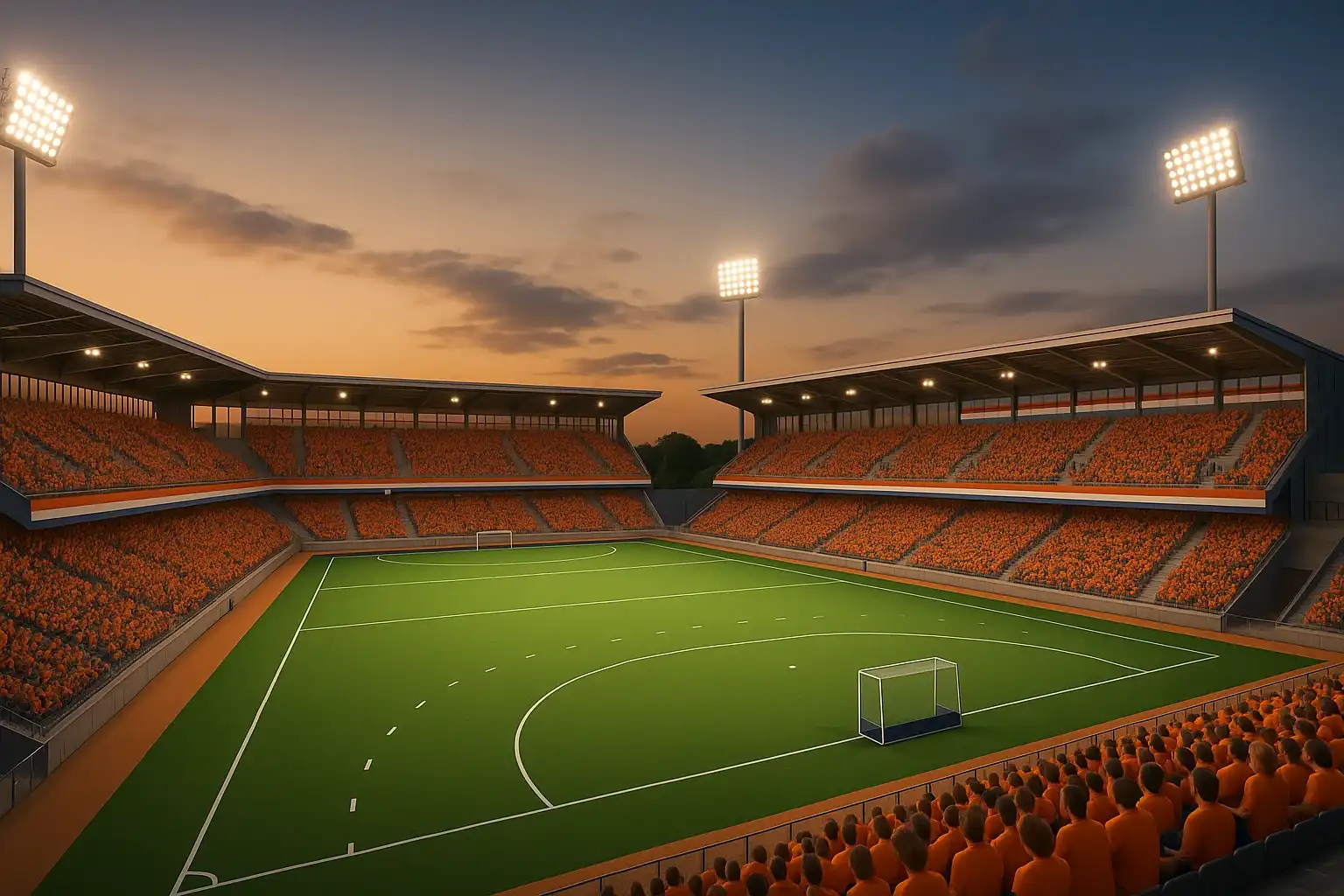 Hockeystadion tijdens een wedstrijd met oranje-geklede supporters en sfeervolle avondverlichting