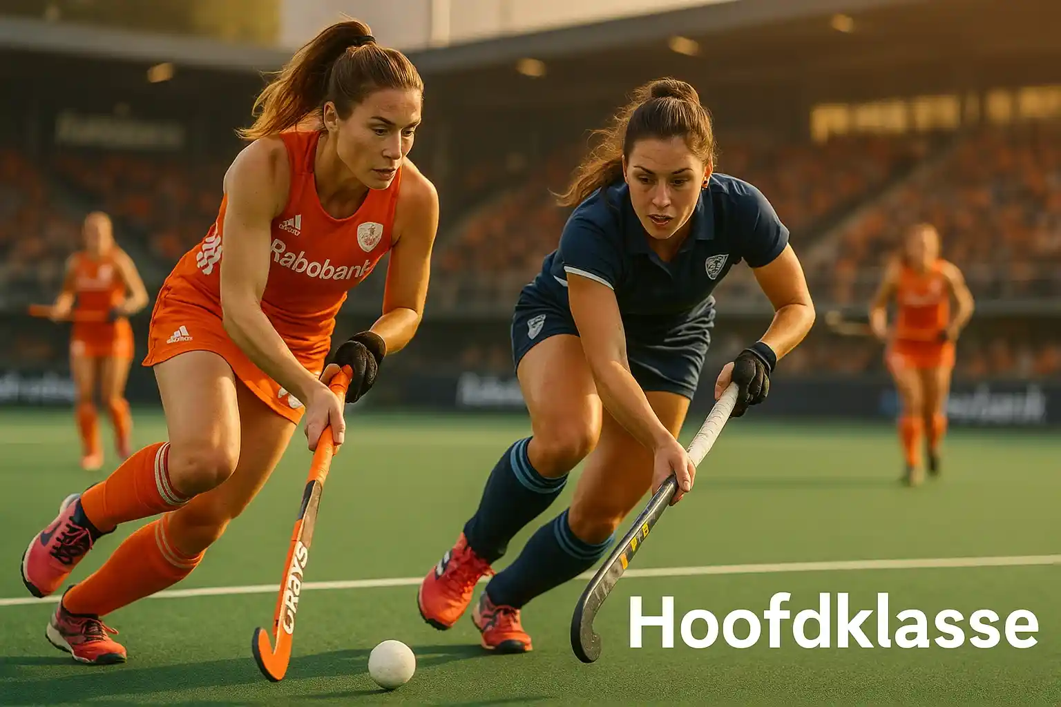 Dames hockeyteams in actie op kunstgrasveld tijdens Hoofdklasse wedstrijd