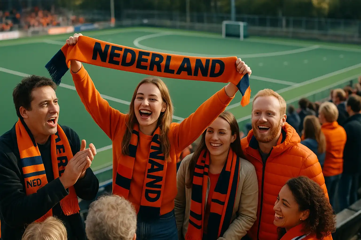 Nederlandse hockeysupporters bij wedstrijd met lokale kennis en clubcultuur