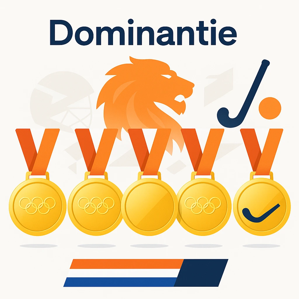 Illustratie van vijf olympische gouden medailles die de Nederlandse hockey dominantie symboliseren