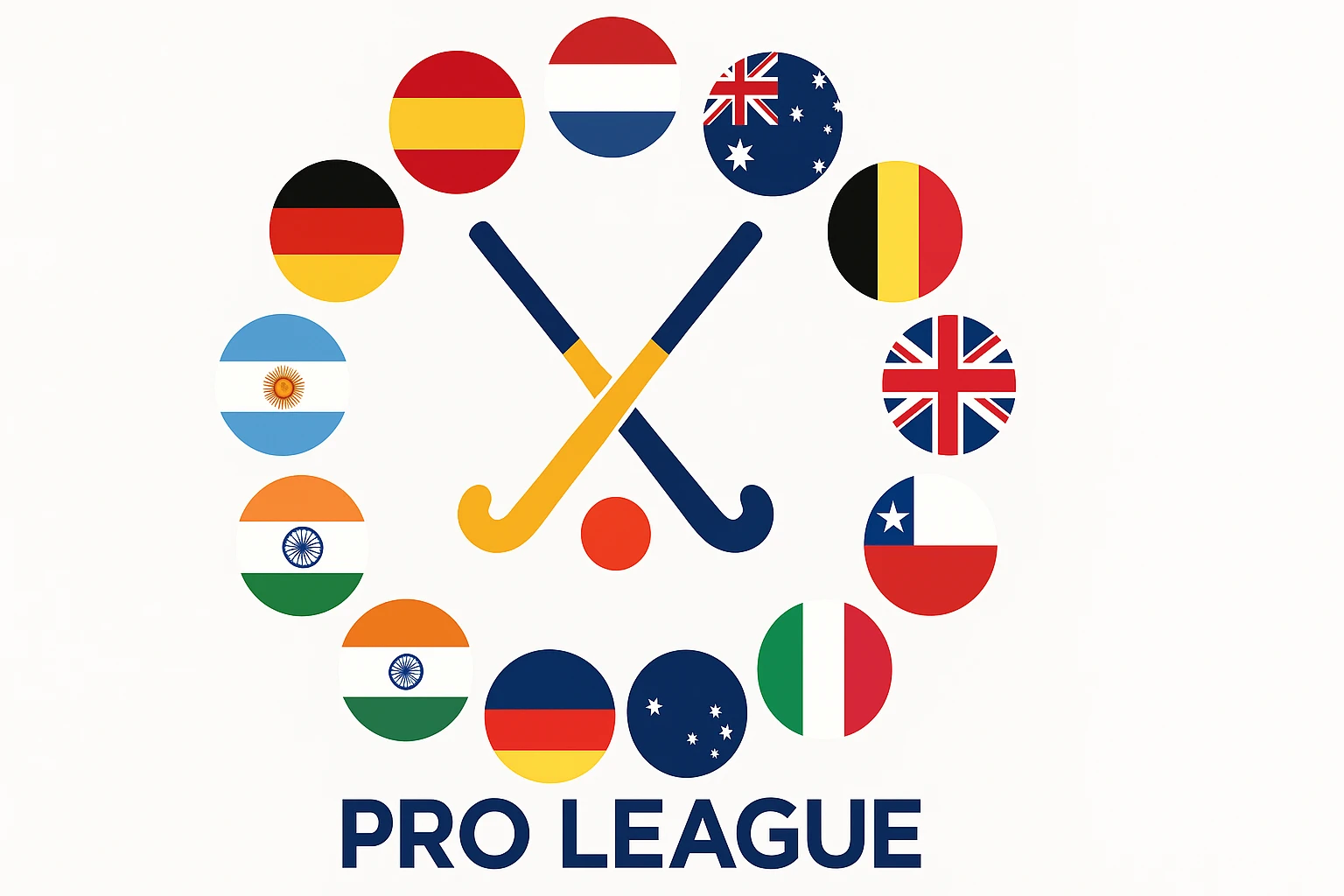 Vlaggen en teams van deelnemende landen aan de FIH Pro League dameshockey